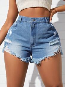 SHEIN SXY Plus Size Women Sexy Distressed High Waist Washed Denim Frayed Hem Shorts