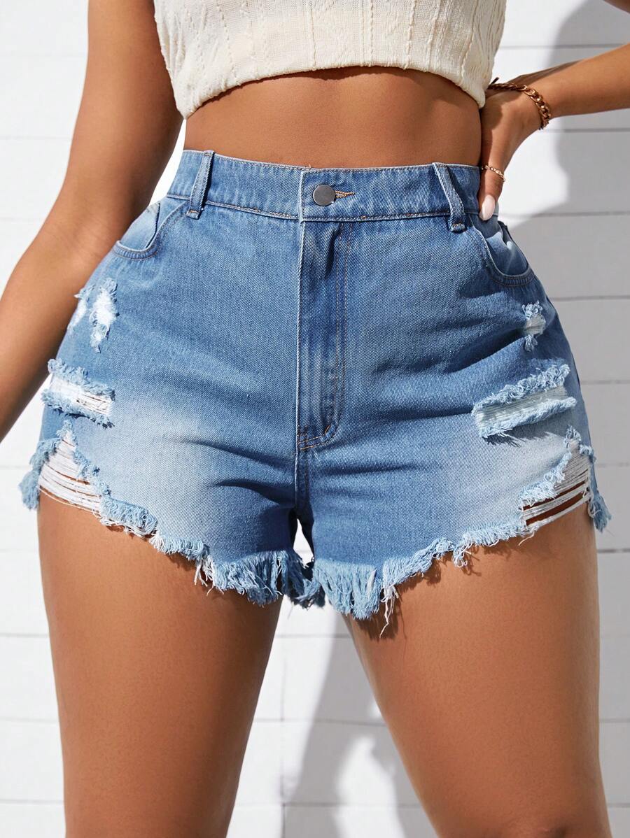 SHEIN SXY Plus Size Women Sexy Distressed High Waist Washed Denim Frayed Hem Shorts