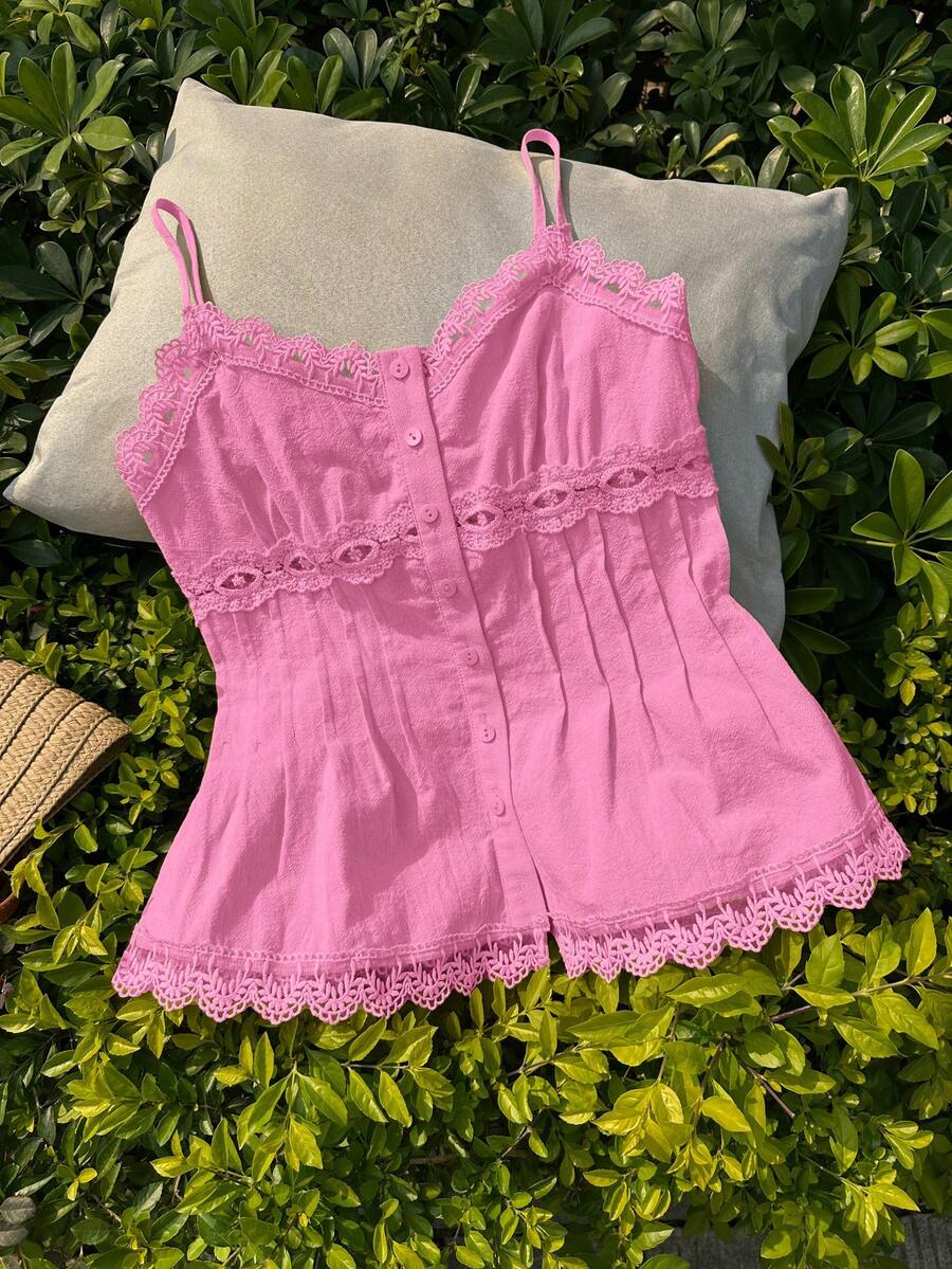 Comfortcana 女士纯色撞色蕾丝单排扣吊带背心粉色蕾丝边上衣粉色夏季上衣可爱粉色上衣娃娃衫女士娃娃衫夏季女士上衣夏季吊带背心 - 粉色 - 查看 1