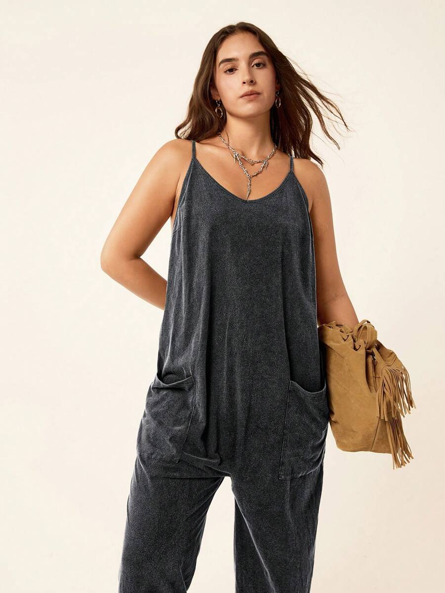 SHEIN LUNE 大码女式休闲口袋酸洗连体裤 - 黑色 - 查看 1