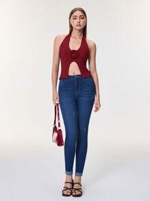 SHEIN BAE 女士休闲牛仔裤，刺绣十二生肖图案，温柔真挚的螃蟹图案，治愈系 - 藍色 - 查看 8