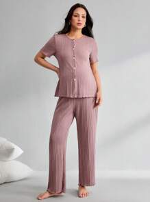 Maternity Solid Color Ruffle Trim Cardigan Short Sleeve Pants Home Outfit Set - Dusty Pink - View 3
