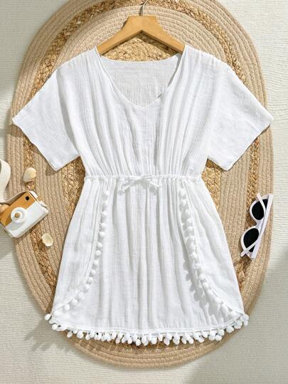 SHEIN Tween 女童纯色绒球装饰泳衣罩衫