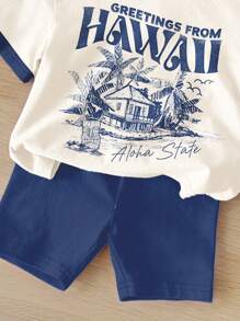 SHEIN Young Girl Vintage Western Landscape Print Casual Short Sleeve Round Neck T-Shirt And Shorts 2 Pieces Outfit, Suitable For Summer