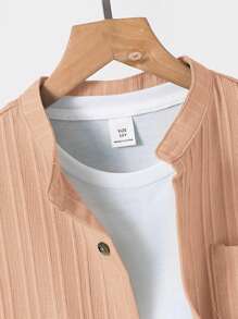 SHEIN Tween Boy Textured Stand Collar Short Sleeve Shirt, Teen Boy Summer Shirt - Apricot - View 4