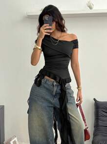 Coolane Women's Y2K Break Modest Summer Asymmetrical Shoulder Black Ruffle Stretchy T-Shirt For Festival - Black - View 3