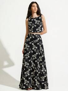 GENKIRA Black & White Contrast Color Vacation Style Embroidered Loose Flare Skirt And Sleeveless Cropped Tank Top Set, Casual Versatile Two Pieces For Women - Black - View 6