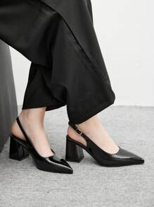 CUCCOO BIZCHIC 时尚黑色漆皮露跟尖头粗跟高跟鞋，经典简约风格，适合通勤、约会、派对、度假、婚礼 - 黑色 - 查看 4