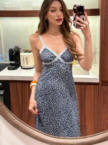 SHEIN Unity 蓝色蕾丝拼接性感碎花度假连衣裙 - 藍色 - 查看 3