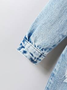 Retro Streetwear Collegiate Style Girls Distressed Long Denim Jacket - Bronze - View 4