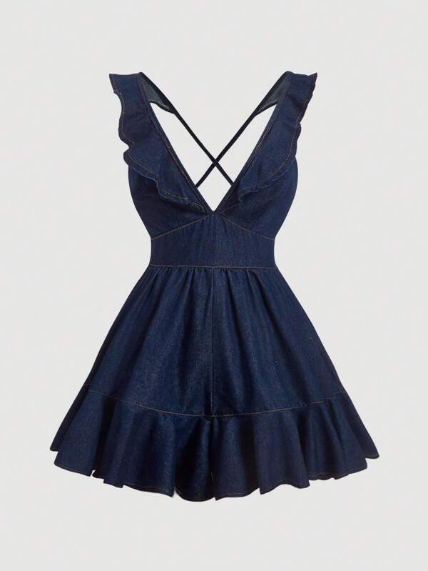 SHEIN MOD Tute da donna sexy con schiena aperta e volant in jeans per l'estate