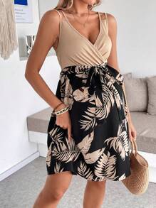 SHEIN Pregnant Women's Tropical Plants Print Patchwork Dress, Vacation Style Maternity Dress - Khaki - View 1