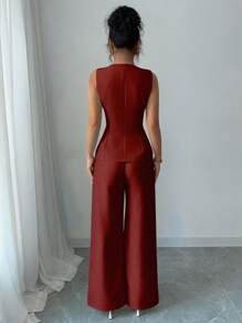 SHEIN PETITE 女士优雅金属花朵装饰两件套休闲办公套装 - 紅色 - 查看 2