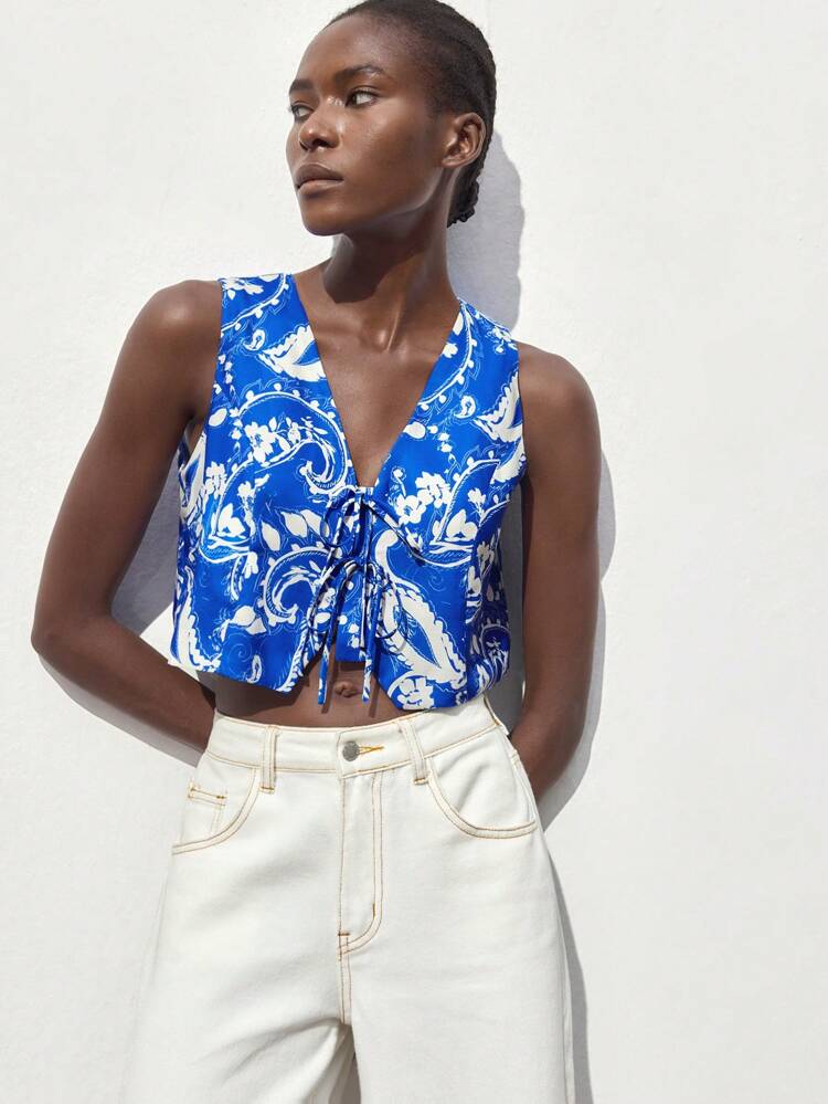 SHEIN Maija 2025 Summer New Arrival Tropical Flower Print Bamboo-Feel Halter Neck Tank Top For Women, Elegant For Commuting, Daily, Romantic, Casual, Beach, Party, Wedding Guest, Music Festival, Independence Day, Graduation, Cute