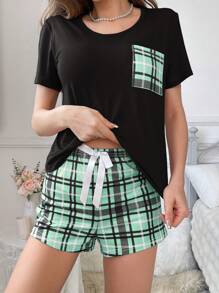 CoupledUp 2pcs Plaid Print Pocket Pajama Set - Plaid Shorts