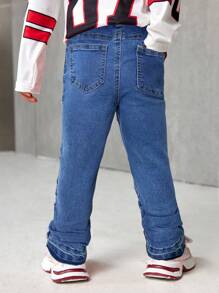 SHEIN Young Boy Street Cool Raw Edge Patchwork Simple High Stretch Jeans, For Kids Fall Winter Outdoor And Daily Wear Clothes - Medium Wash - View 2