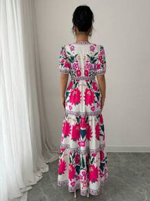 Elenzga 女士花卉印花V领泡泡袖短款连衣裙，节日装 - 彩色 - 查看 2