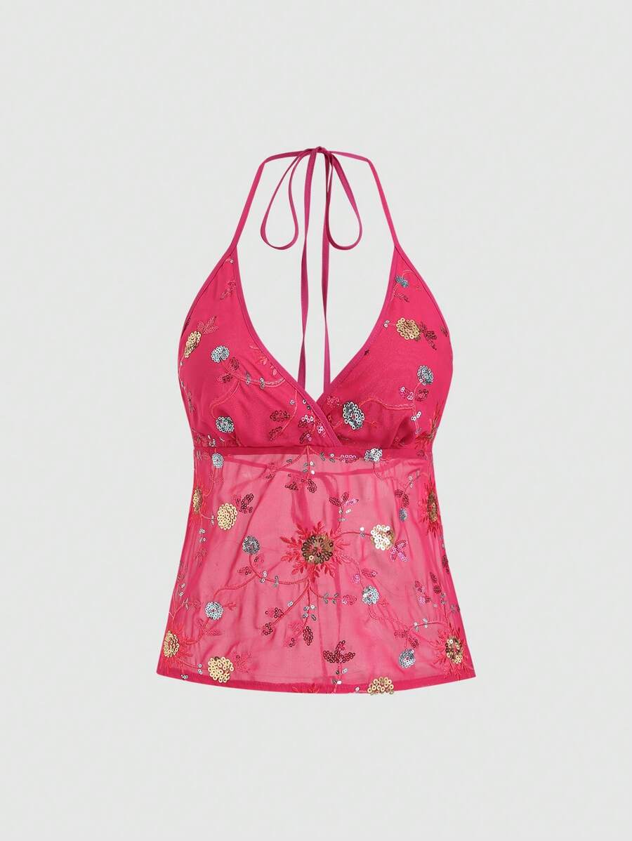 Sweetra Áo kiểu Boho hở lưng đính hạt cườm mới dành cho nữ, thích hợp cho kỳ nghỉ hè và du lịch biển. - Màu Hồng Tươi - Xem 1