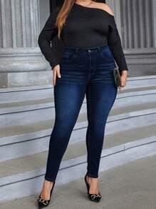 SHEIN Tall CURVE 大码休闲通勤水洗修身牛仔裤 情人节 - 藍色 - 查看 4