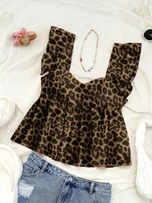 Soleia 女士度假休闲方领荷叶袖娃娃衫，豹纹印花，复古休闲，性感可爱，Y2K波西米亚风，适合夏季外出穿着，时尚女式衬衫 - 彩色 - 查看 4