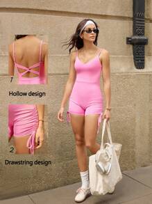 SHEIN Sovereign Charm Bộ đồ liền thân bó sát lưng chéo tập yoga dành cho nữ, màu hồng - Hồng - Xem 6