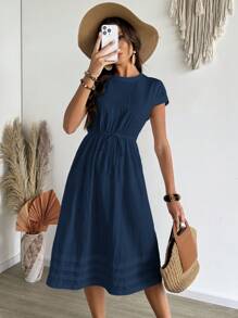 EMERY ROSE 女士纯色圆领短袖抽绳腰休闲连衣裙，夏季，女士衬衫裙，商务休闲女装 - 藍色 - 查看 7