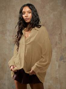 MISSGUIDED Oversized Beach Button Down Long Sleeve Shirt Lightweight Summer Vacation Resort Wear Chic Essential Casual Everyday Blouse - Camel - View 5