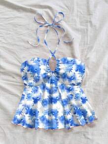 Soleia Blue Flower Print Racerback Tank Top, Fitted For Women Beach Vacation, Suitable For Summer, Boho Chic, Spring Break, Vacay Vibes - Blue and White - View 4