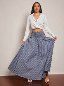 Vixey 褶皱腰带条纹长裙，时尚夏季之选，商务休闲女装，职场女性，办公室女性，职业半身裙，商务女性着装，职业女性 - 彩色 - 查看 1