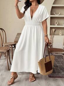 SHEIN CURVE+ Plus Size Women Elegant Woven Short Sleeve Pure White Collar Lace Trim Loose Fit Dress - White - View 8