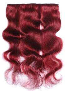 1 件勃艮第红色夹式波浪真人发片 99J 厚接发，适合女孩假发，柔软蓬松波浪，5 夹双纬夹式接发