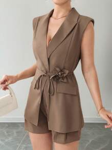 Modelyn 女士休闲无袖薄款西装外套，夏季 - 卡其色 - 查看 1