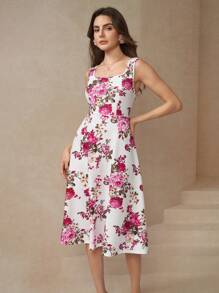 Amorya 女士花卉印花无袖方领 A 字连衣裙秋冬女装返校节朴素复古老钱女士教师服装机场漂亮女士服装 - 彩色 - 查看 5