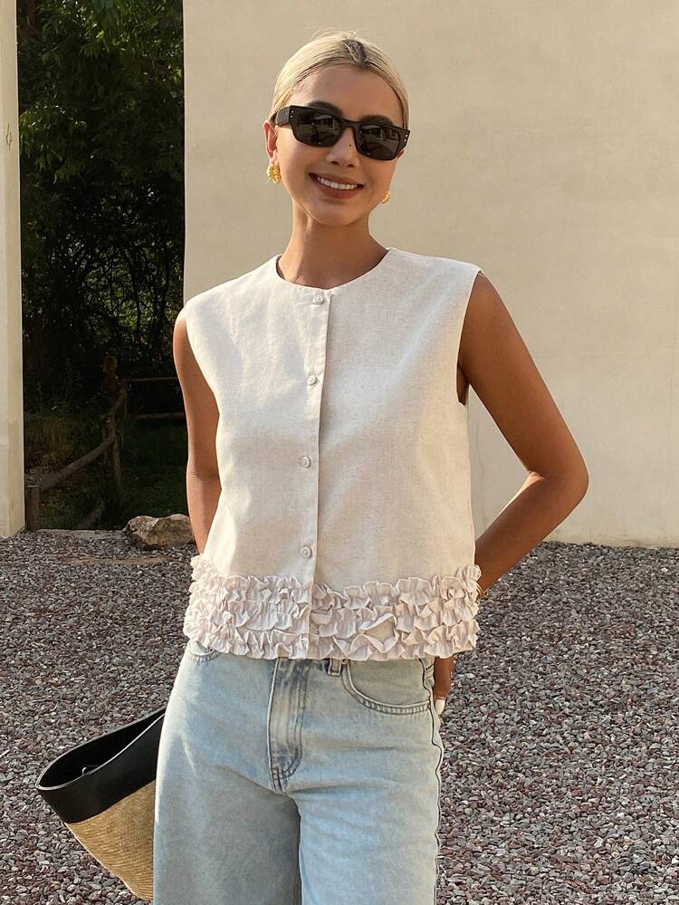 Women's Solid Color Fitted Round Neck Linen Casual Elegant Summer Jacket With Floral Trim Vest Vacation