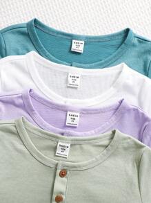 Conjunto de 4 piezas de ropa para niños pequeños, estilo casual y cómodo, tela suave y texturizada, detalles de grano de madera, camisetas polo de manga corta, 4 colores diferentes, adecuado para casual, exterior, escuela, primavera/verano