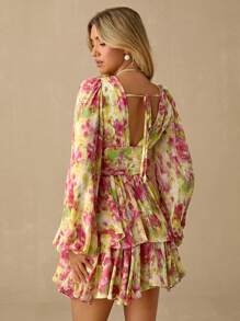 Enchnt 女士花卉印花深V领灯笼袖时尚迷你度假连衣裙 - 黃色 - 查看 2