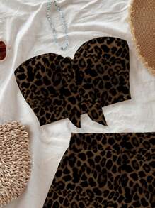Soleia 2件套女士夏季时尚豹纹前系带抹胸上衣和短裤套装 - 彩色 - 查看 4