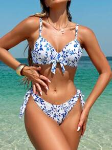 Swim Vcay Bộ đồ bơi bikini gợi cảm cạp cao có nơ phía trước mới - Xanh và trắng - Xem 3