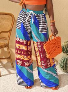 Slaydiva Pantaloni larghi multicolore in tessuto stampato con laccio, adatti per festival musicali, matrimoni e street style casual, per donne formose, nuova collezione primavera/estate 2025 - Multicolore - Visualizzare 3