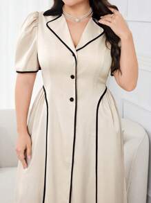 Modelyn Plus Size Women Single-Breasted Short Puff Sleeve Elegant Long Dress - Apricot - View 2