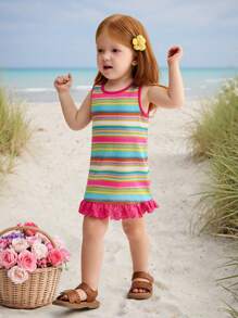 SHEIN Baby Girls' Casual Cute Colorful Striped Contrast Ruffle Trim Dress - Pink - View 7