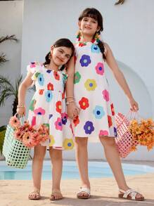 Tween Girls Tropical Floral Print Halter Neck Loose Midi Dress, Casual Style Suitable For Vacation, Travel, School And Summer Beach - Multicolor - View 6