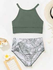 SHEIN Swim Conjunto de tankini con estampado de plantas tropicales y escote halter para mujer, ideal para la playa en verano - Verde - Ver 4