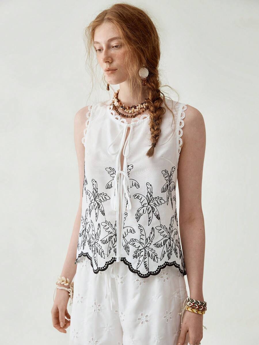 Florisole 女式波西米亚印花系带无袖背心 - 白色 - 查看 1