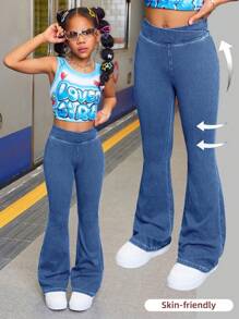 SHEIN Tween Girl Fashion Casual Blue Denim Daily Exercise Basics Stretch Slim Flared Jeans For Girls Soft Dailywear And The Four Seasonsr Tween Girl Clothes - Medium Wash - View 5