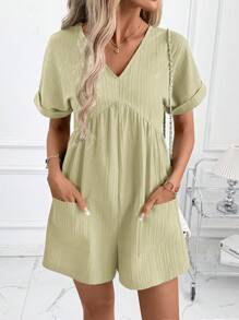 SHEIN Clasi Clasi 女士 V 领绿色波浪提花短袖连体裤，优雅度假和日常穿着 - 薄荷綠 - 查看 5