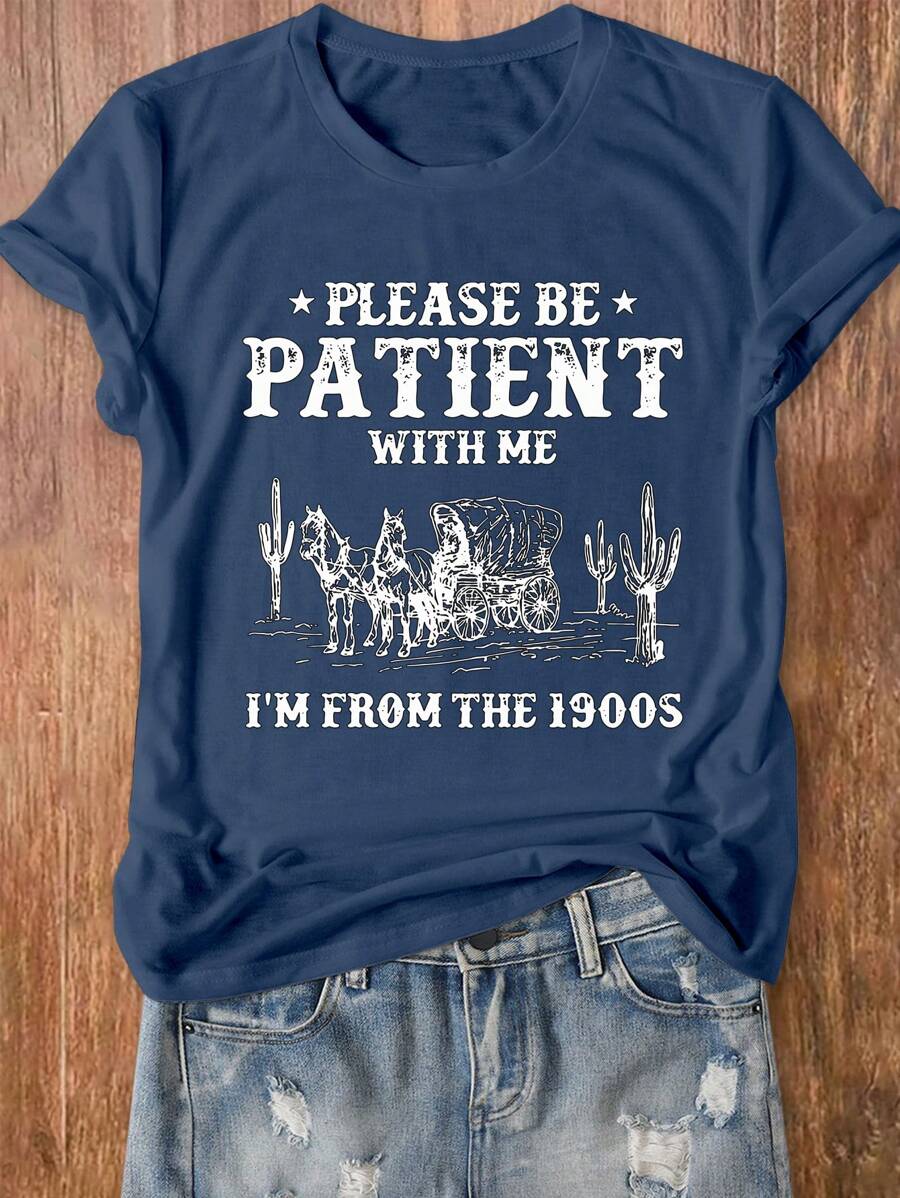 INAWLY 复古 1900 年代风格舒适短袖 T 恤，圆领图案 T 恤，女式上衣 - 藏蓝色 - 查看 1