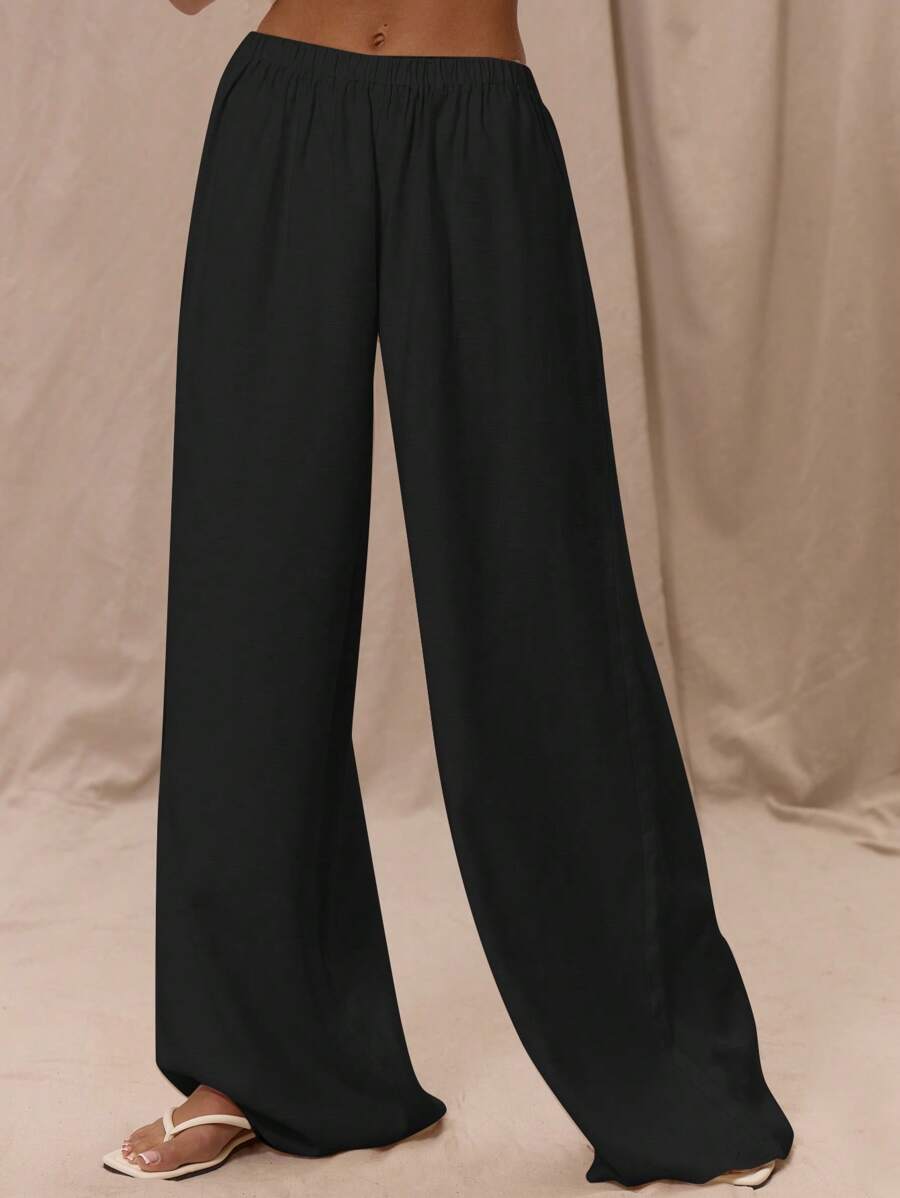 MUSERA Low Rise Elasticated Waistband Wide Leg Trousers Only  Summer Vacation Holiday Elegant Beachwear Boho Romantic Ibiza Linen Feel Fall, Autumn, Winter, Back To School Christmas Evening