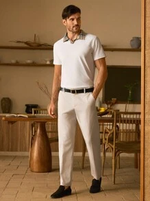 Manfinity VCAY 男士休闲针织拼接梭织格子领宽松落肩短袖Polo衫