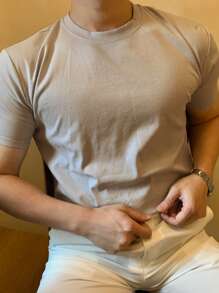 DAZY Camiseta ajustada de color caqui sólido para hombres, de verano